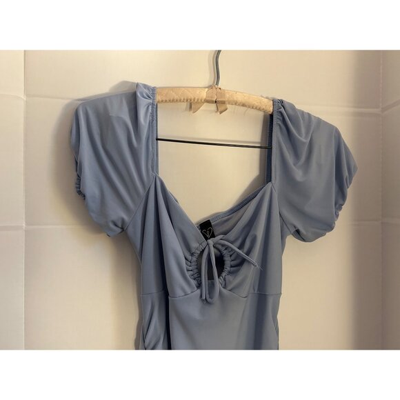 Windsor Blue Ruched Bodycon Sz S Mini Dress Puff Sleeve Square Neck Tie Front Pa - Picture 7 of 9
